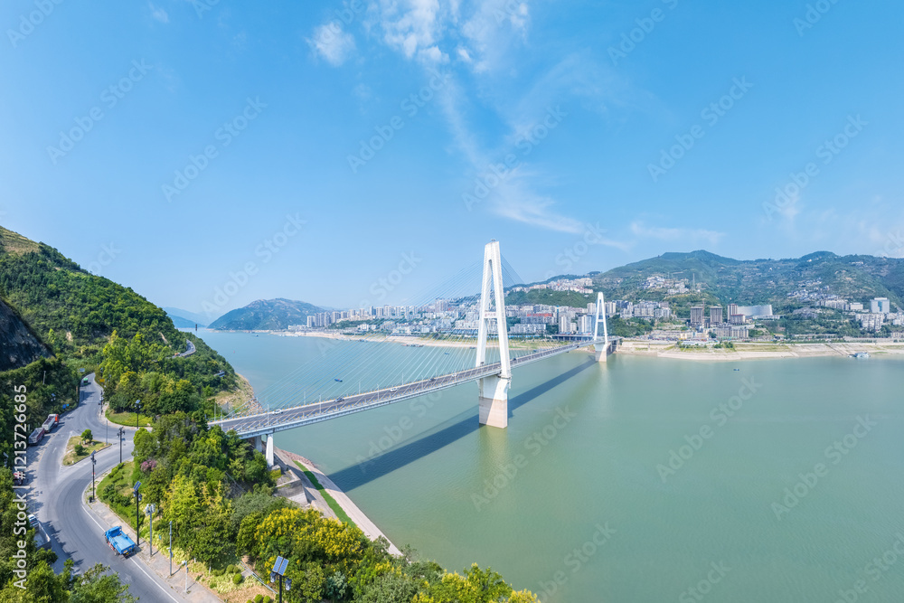 aerial view of Kuimen bridge on Yangtze river