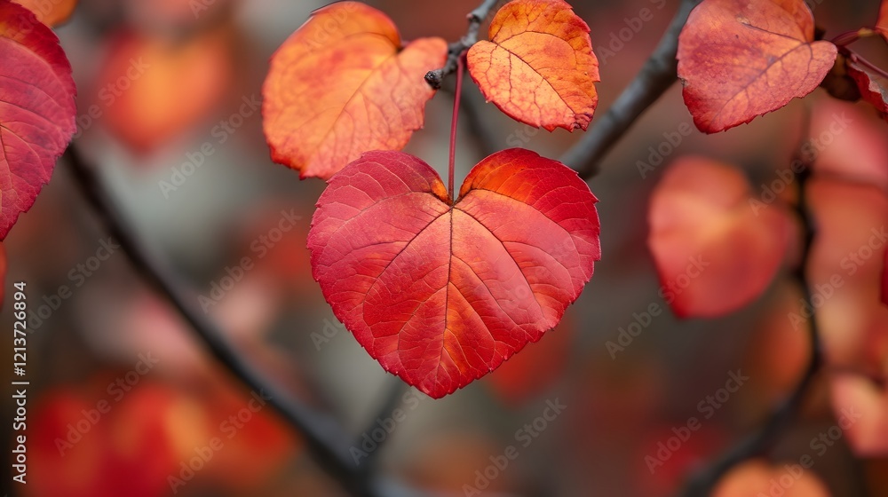 Heart Shaped Autumn Leaves on Tree Branch with Warm Color Palette Heart Shaped Autumn Leaves on Tree Branch with Warm Color Palette