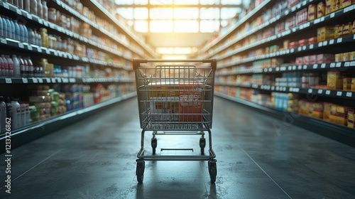 Shopping Cart In Supermarket Aisle Filled With Boxes photo