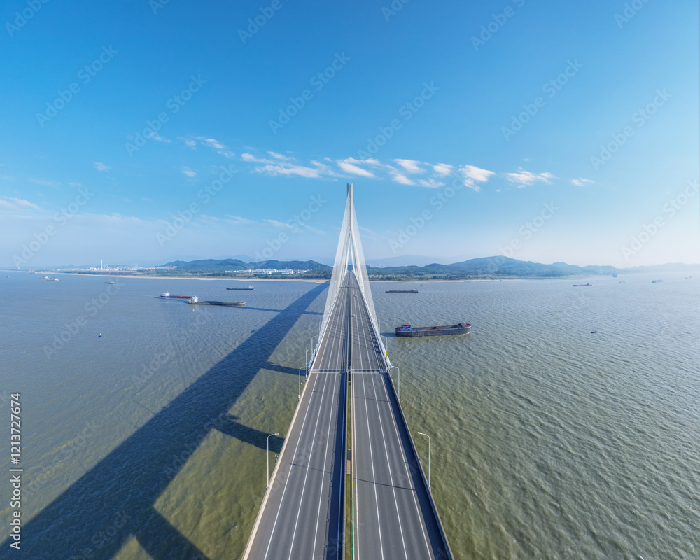 the Wangdong Yangtze river bridge against a blue sky