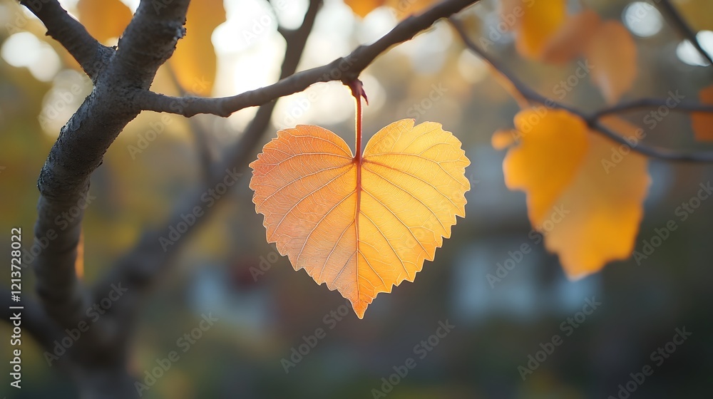 Romantic Heart Shaped Leaf on Autumnal Tree Branch with Warm Tones Romantic Heart Shaped Leaf on Autumnal Tree Branch with Warm Tones