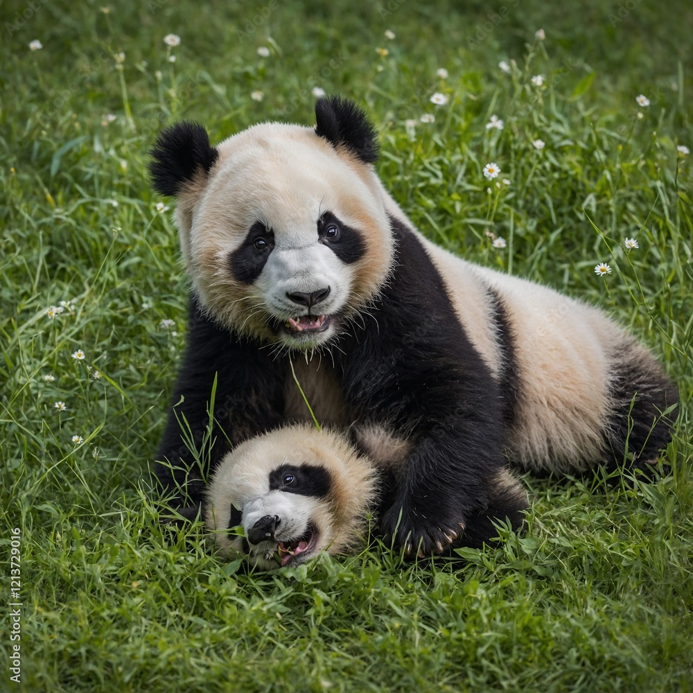 Obraz premium Two adorable panda cubs playfully rolling around in a grassy meadow, their fluffy black-and-white fur contrasting with the vibrant green grass. Nearby, wildflowers bloom, adding bursts of color to the