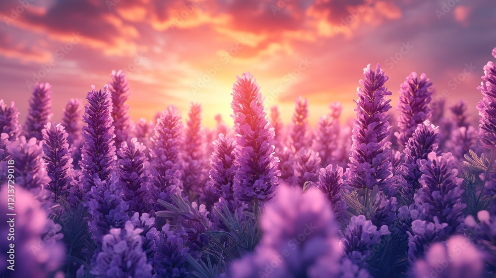 Fototapeta premium Sunset Lavender Field, Idyllic Summer Landscape
