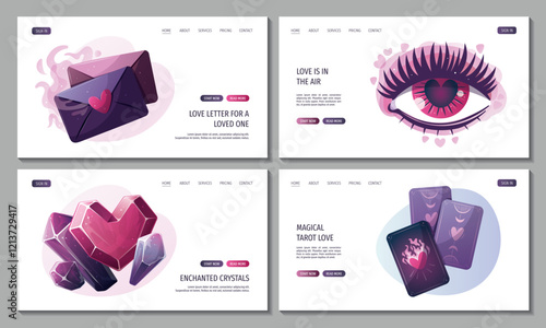 Web page set with magic crystals, love letter, tarot cards, love eye. Romantic, magic love, esoteric concept. Vector illustrations.