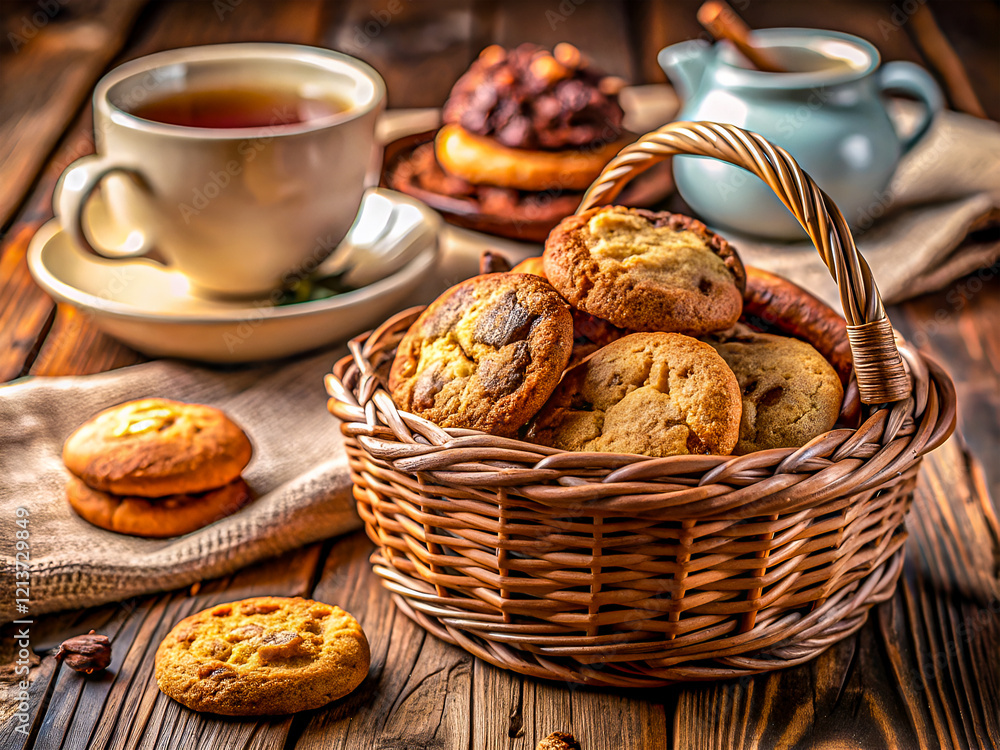Tasty Freshly Baked Cookies with Tea cup. Delicious Food background Tasty Freshly Baked Cookies with Tea cup. Delicious Food background