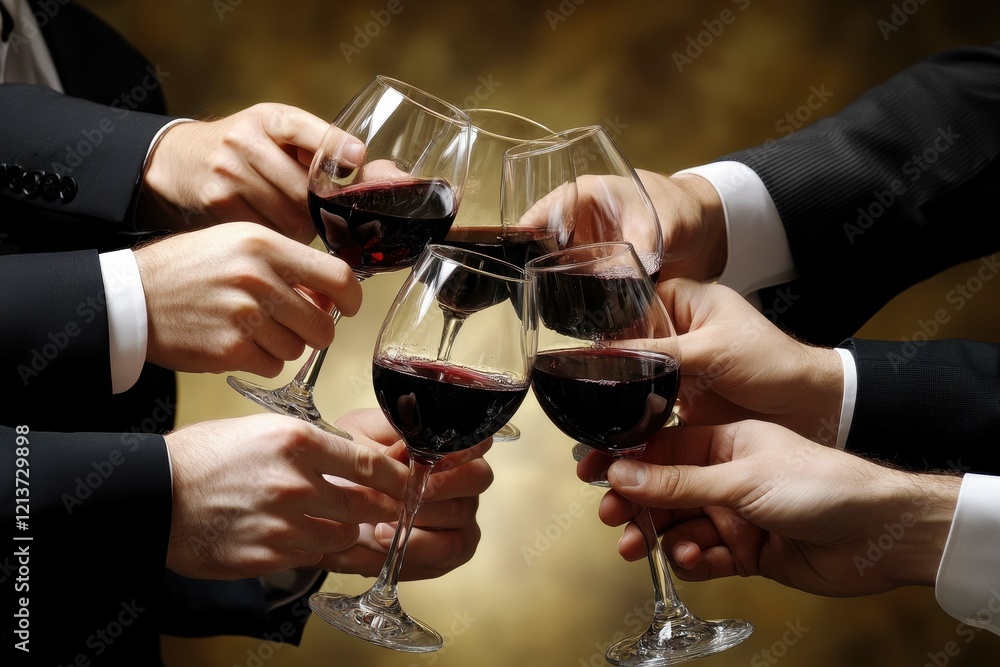 Celebration with laughter and toast as friends clink glasses filled with red wine in an elegant setting Celebration with laughter and toast as friends clink glasses filled with red wine in an elegant setting