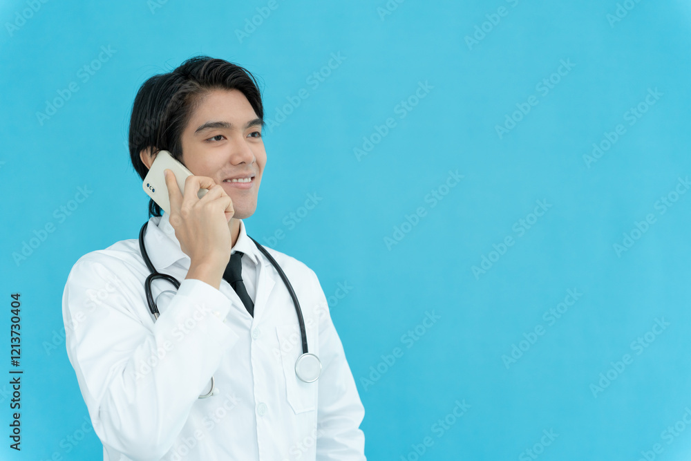 telemedical. Doctors use mobile phone for discuss and advising patients Asian doctor is treating patients through telecommunication while describing the disease . Technology for health. telemedical. Doctors use mobile phone for discuss and advising patients Asian doctor is treating patients through telecommunication while describing the disease . Technology for health.