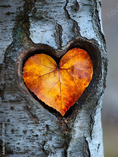 Heartleaf Formed by Autumn Leaf on Textured Tree Bark with Warm Tones photo