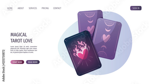 Web page design with tarot cards. Romantic, magic love, esoteric concept. Vector illustrations for banner, poster, website.