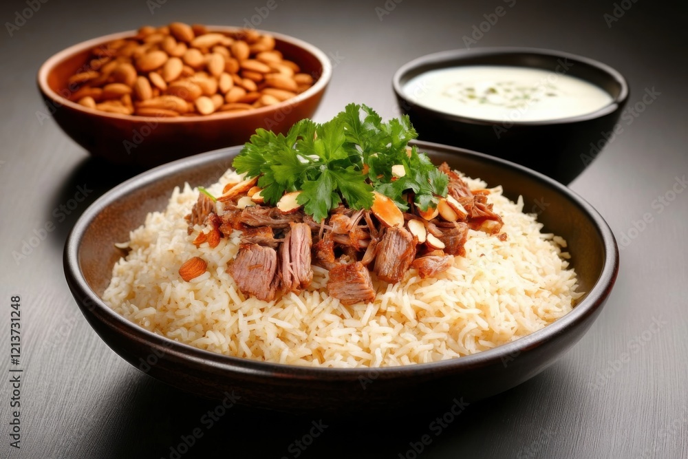 Delightful mansaf feast featuring tender lamb, fragrant rice, and creamy yogurt sauce artfully garnished Delightful mansaf feast featuring tender lamb, fragrant rice, and creamy yogurt sauce artfully garnished