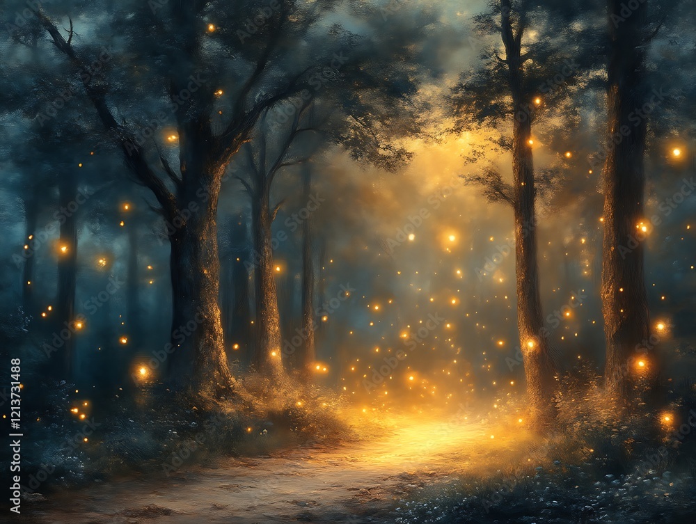 Obraz premium Enchanting firefly lit forest path at night.