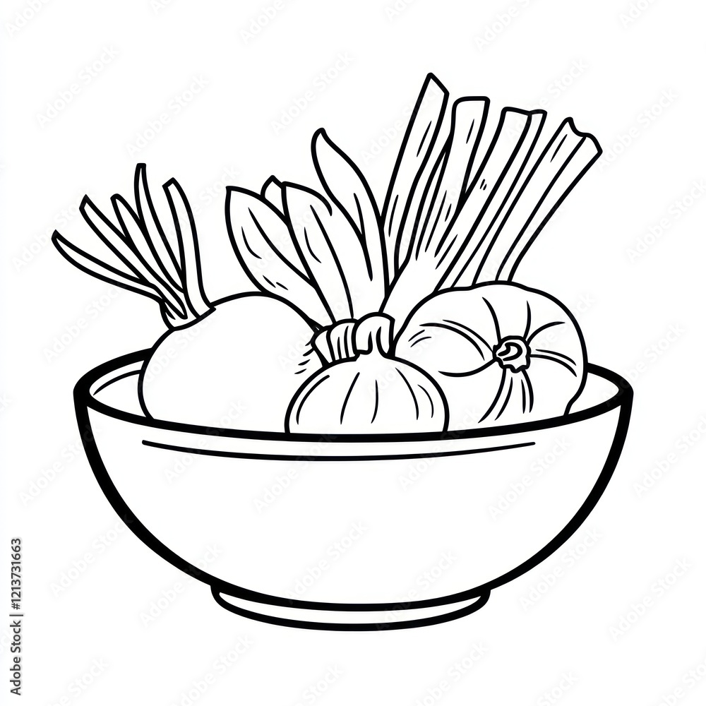 Bowl with vegetables. Kitchen use. Simple line drawing of a food bowl with produce Bowl with vegetables. Kitchen use. Simple line drawing of a food bowl with produce