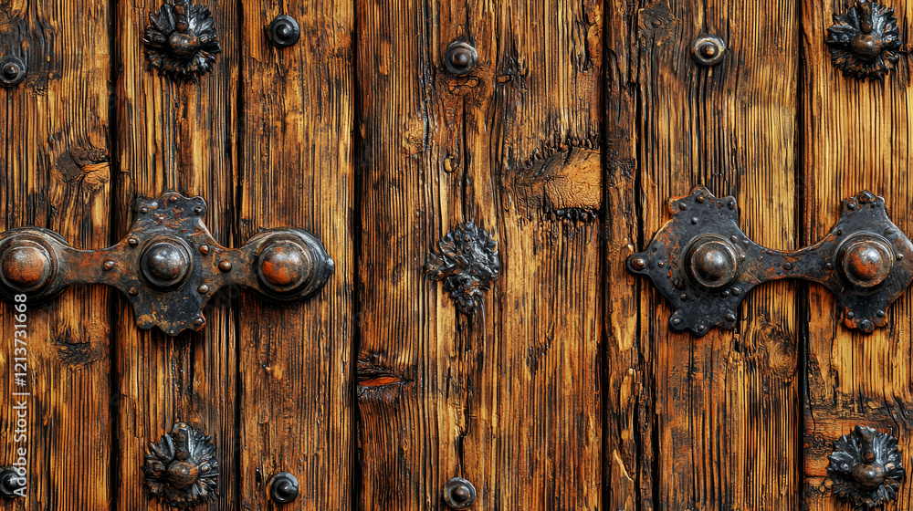 Ancient Wooden Door with Metal Details: A Rustic Architectural Image