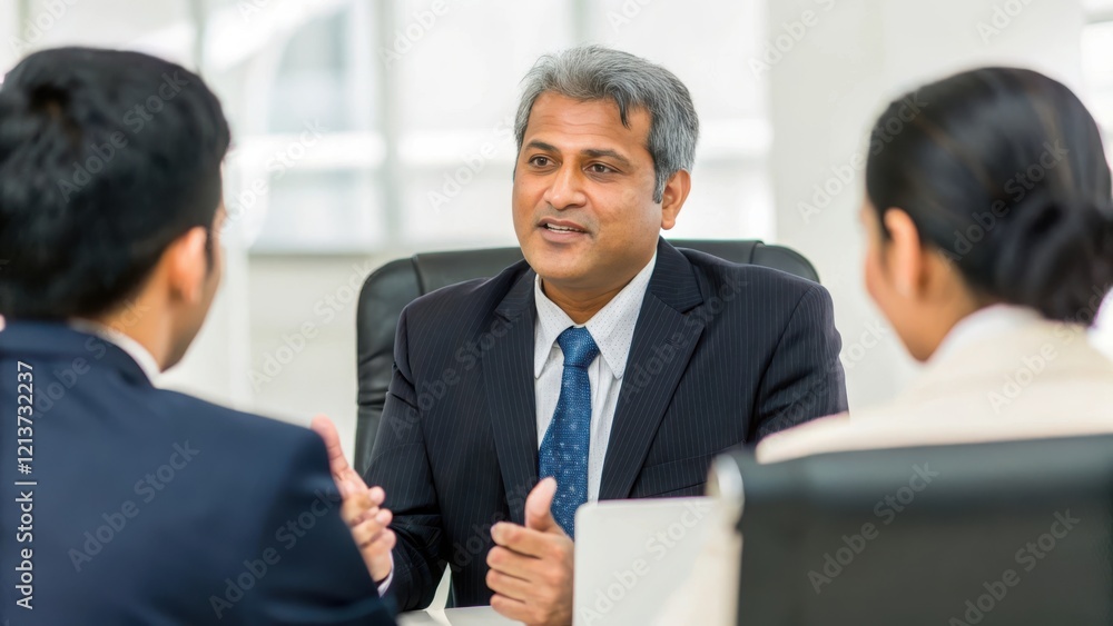 Indian HR Manager Meeting Team - A confident HR manager discussing business strategies with a diverse team in a modern office.
Indian HR Manager Meeting Team - A confident HR manager discussing business strategies with a diverse team in a modern office.