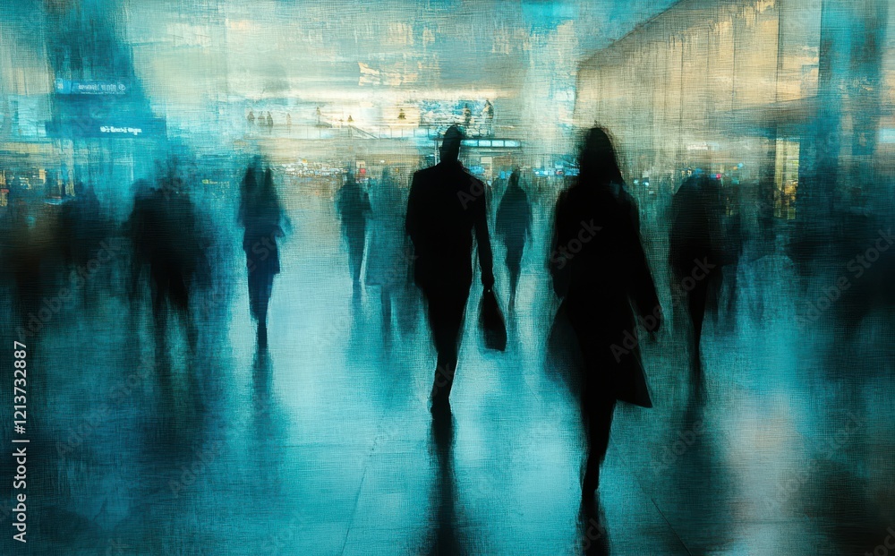 Ethereal City Scene with Silhouetted Figures in Motion, Capturing the Essence of Urban Life and the Mystery of Human Connections in a Blurred Environment Ethereal City Scene with Silhouetted Figures in Motion, Capturing the Essence of Urban Life and the Mystery of Human Connections in a Blurred Environment