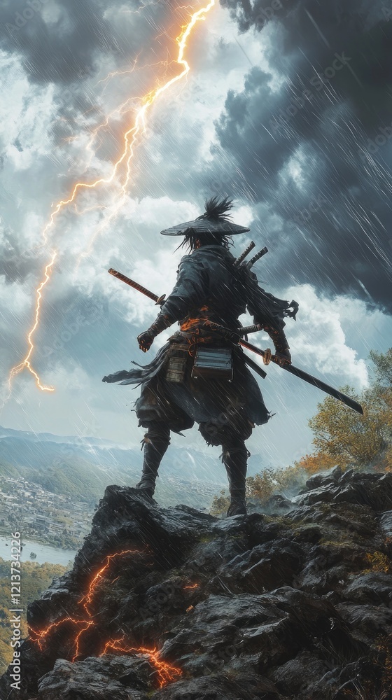 Naklejka premium Warrior Contemplates Stormy Landscape