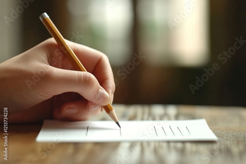 home office desk background,hand holding pencil and writing note on wood table,Checklist Notice Remember Planning Concept, Generative AI photo