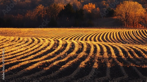 Grains in fertile soil illuminated by warm light filtering through the trees
