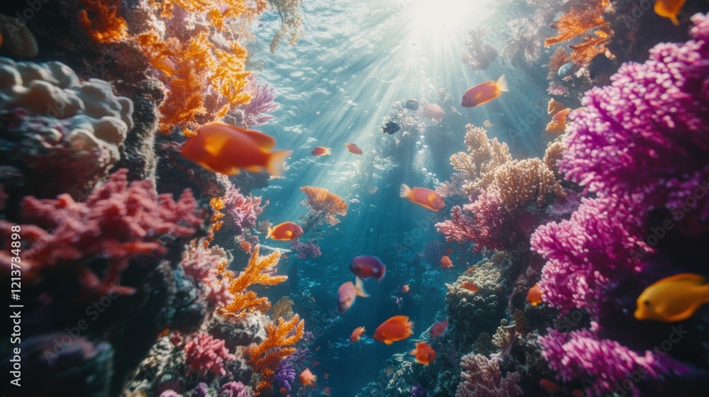 Fototapeta premium Vibrant coral reef fish sunlight ocean scene