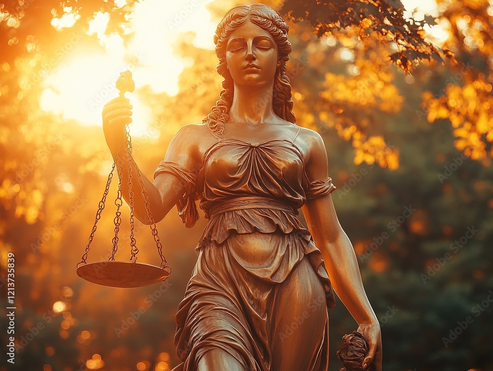 Justice statue with scales in autumn park at sunset Justice statue with scales in autumn park at sunset