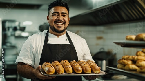 A confident man with a larger build wearing a chef's apron smiling while holding a tray of freshly baked bread in a kitchen. photo