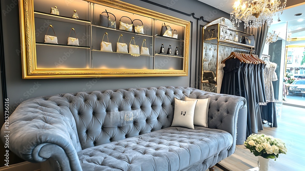 Obraz premium Elegant Boutique Showcases Designer Handbags and Dresses