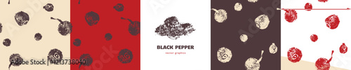 Black pepper pattern. Hand drawn ink sketches. Vintage style. Condiment crayon drawings. Peppercorn background - black, white and red pepper in vector. Ornament of seasoning and spices.