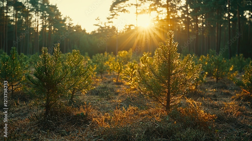 Obraz premium Sunset illuminates young pine trees in forest plantation.