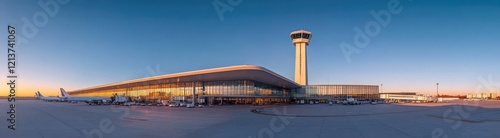 Wallpaper Mural Modern airport terminal building at sunset with long panoramic view showcasing sleek architecture and air traffic control tower against a clear blue sky Torontodigital.ca