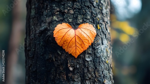 Wooden Heart Shaped Leaf on Tree Bark with Warm Autumn Colors photo