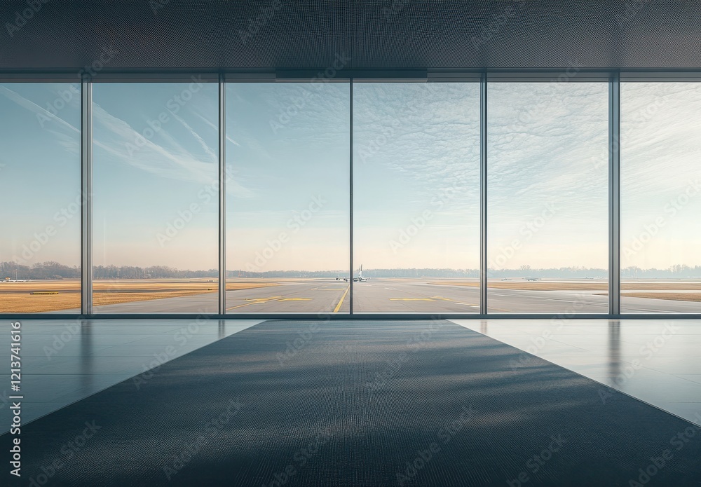 Fototapeta premium Modern Airport Terminal Interior with Expansive Panoramic Windows Overlooking Runway on a Clear Day with Subtle Natural Lighting and Peaceful Atmosphere