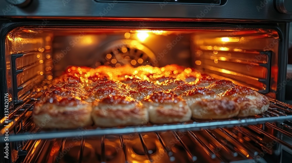 Oven-baked pastries baking golden brown in a modern kitchen. Oven-baked pastries baking golden brown in a modern kitchen.