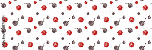 Black pepper pattern. Hand drawn ink sketches. Vintage style. Condiment crayon drawings. Peppercorn background - black, white and red pepper in vector. Ornament of seasoning and spices.