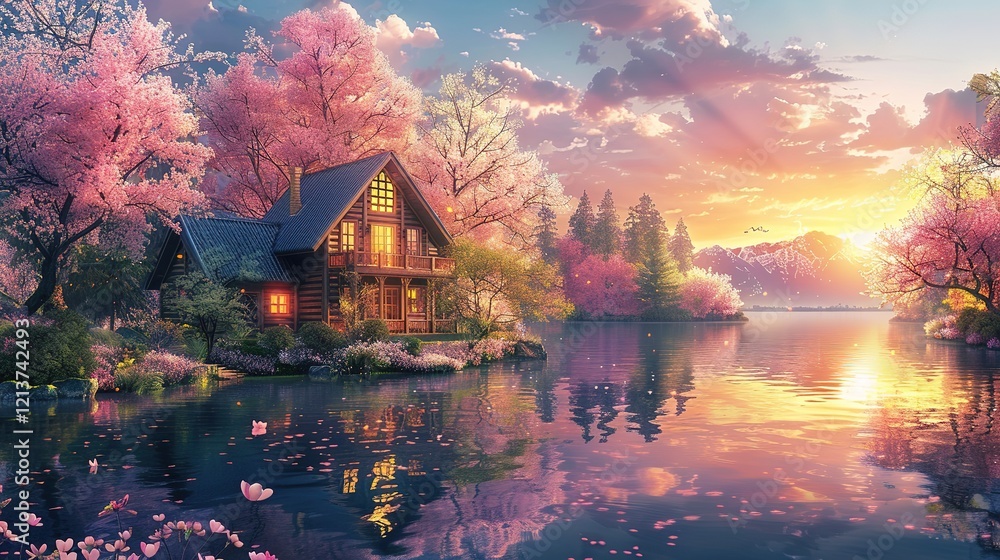 Fototapeta premium _Beautiful_house_in_the_middle_of_cherry_blossoms