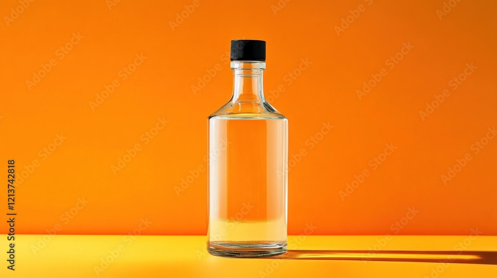 Clear bottle, orange background, studio shot, product display Clear bottle, orange background, studio shot, product display