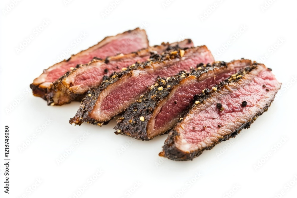 Savor the deliciousness of freshly sliced pastrami on a clean white background highlighting its rich textures and flavors Savor the deliciousness of freshly sliced pastrami on a clean white background highlighting its rich textures and flavors