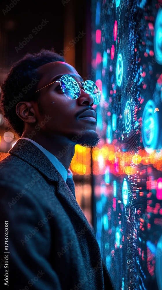 Obraz premium Man analyzing digital data on interactive city billboard at night