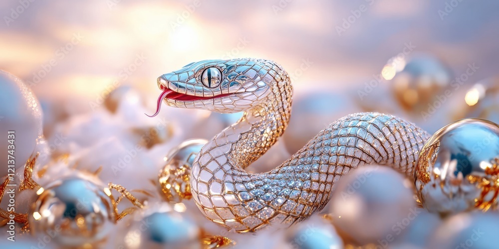 A shimmering snake weaves through a bed of pearls, exuding elegance and mystique against a soft, dreamy background. A shimmering snake weaves through a bed of pearls, exuding elegance and mystique against a soft, dreamy background.