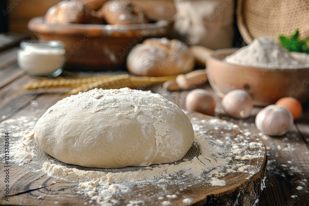Vibrant Color Picture of Homemade Bread Dough Preparing on Rustic Table Vibrant Color Picture of Homemade Bread Dough Preparing on Rustic Table