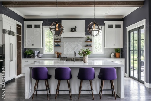 Modern Kitchen Island with Purple Stools and Dark Walls