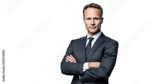 Confident German Professional in Charcoal Grey Suit with Crossed Arms Against a Clean White Background Ready for Corporate Environment