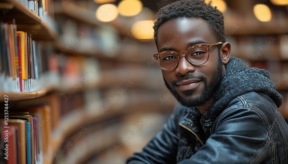Man smiles in library, bookshelves blurred background, for education themes Man smiles in library, bookshelves blurred background, for education themes