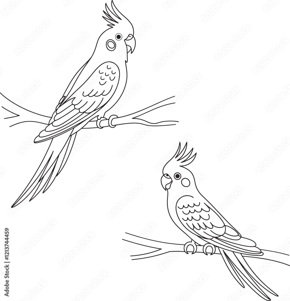 Fototapeta premium Cute flat vector realistic parrot Cockatiel sitting on a branch Exotic tropical bird Domestic parrot