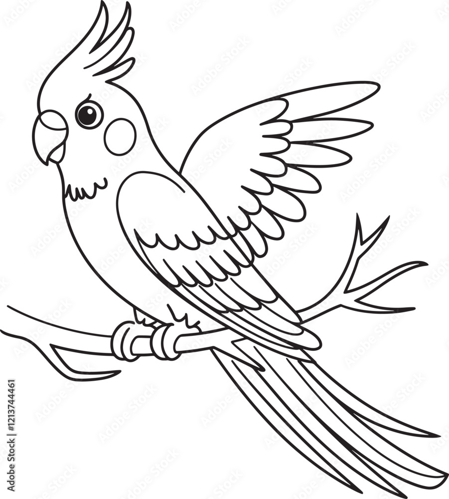 Fototapeta premium Cute flat vector realistic parrot Cockatiel sitting on a branch Exotic tropical bird Domestic parrot