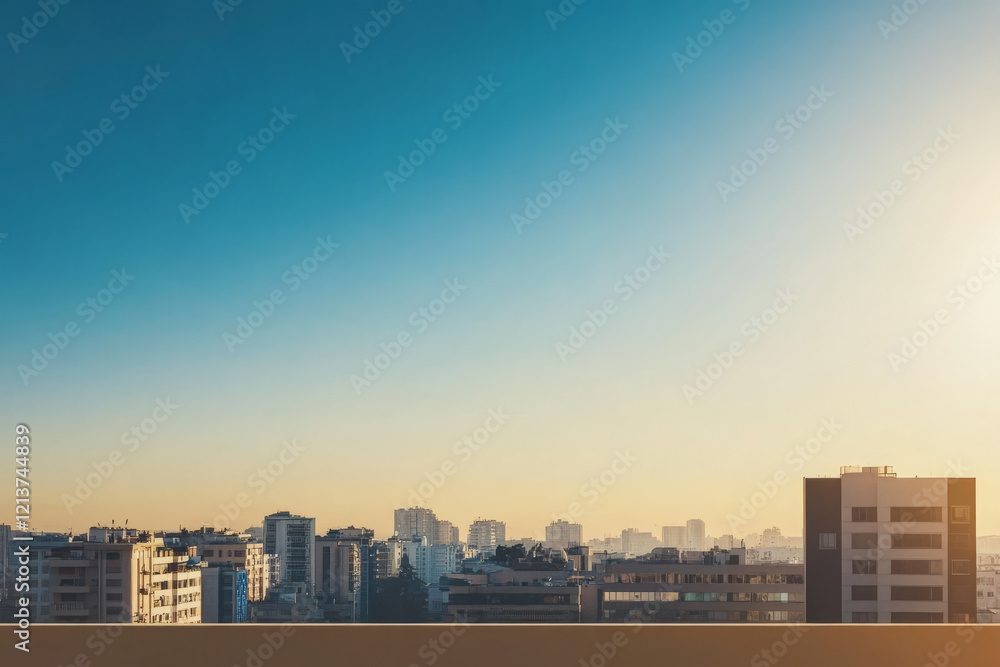 Fototapeta premium Beautiful skyline view of a city during the golden hour with clear blue skies