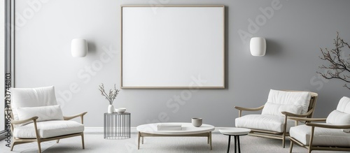 Minimalistic interior with a light grey wall and white furniture, framed mockup poster.