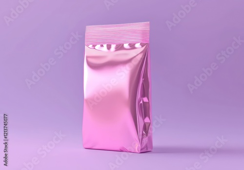 Pastel pink foil doypack designed for sweets, set against a violet background with copy space.