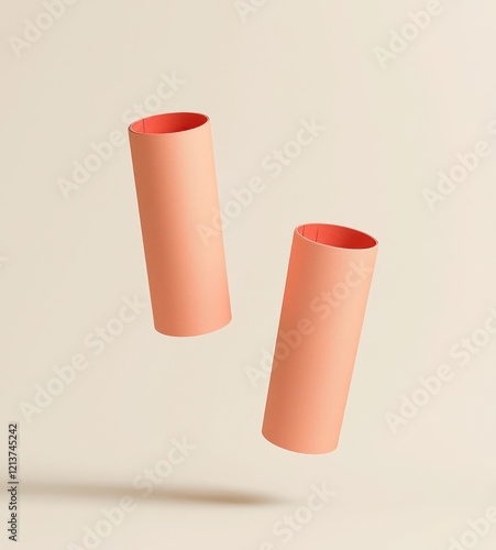 Coral paper tube mockups floating against a light beige background, minimalist design.