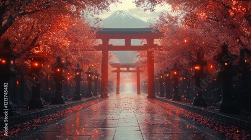 Red leaves path, torii gate, mountain, lanterns, Japan, autumn, serenity, digital art, wallpaper