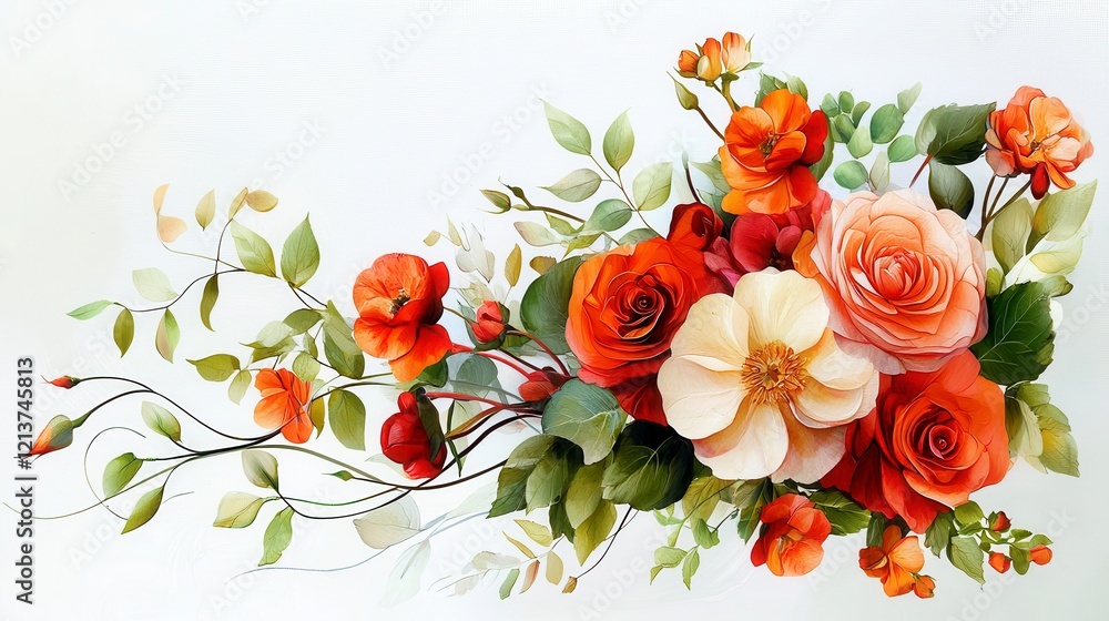 Elegant Floral Arrangement with Red and White Roses and Green Leaves Elegant Floral Arrangement with Red and White Roses and Green Leaves